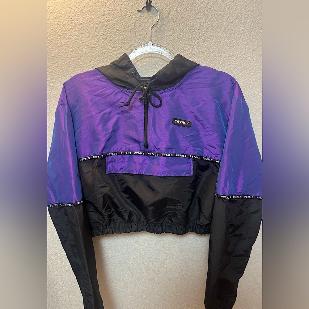 purple and black cropped windbreaker jacket. petals and peacocks size large